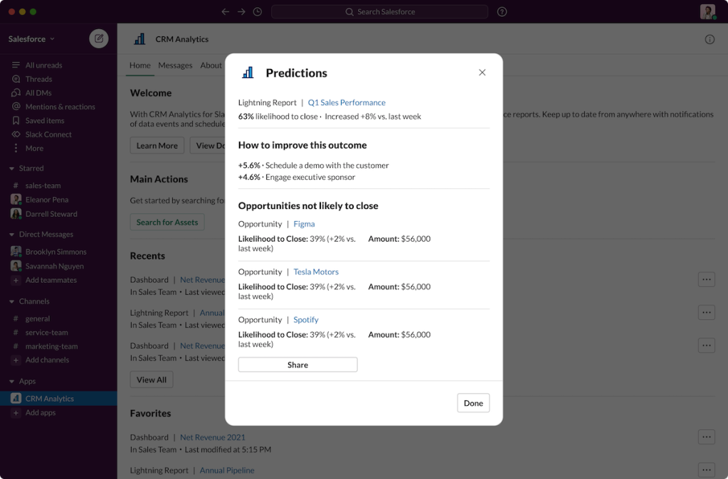 Predictions in Slack delivers aggregated predictions based on records in a report, including top predictive factors and improvements